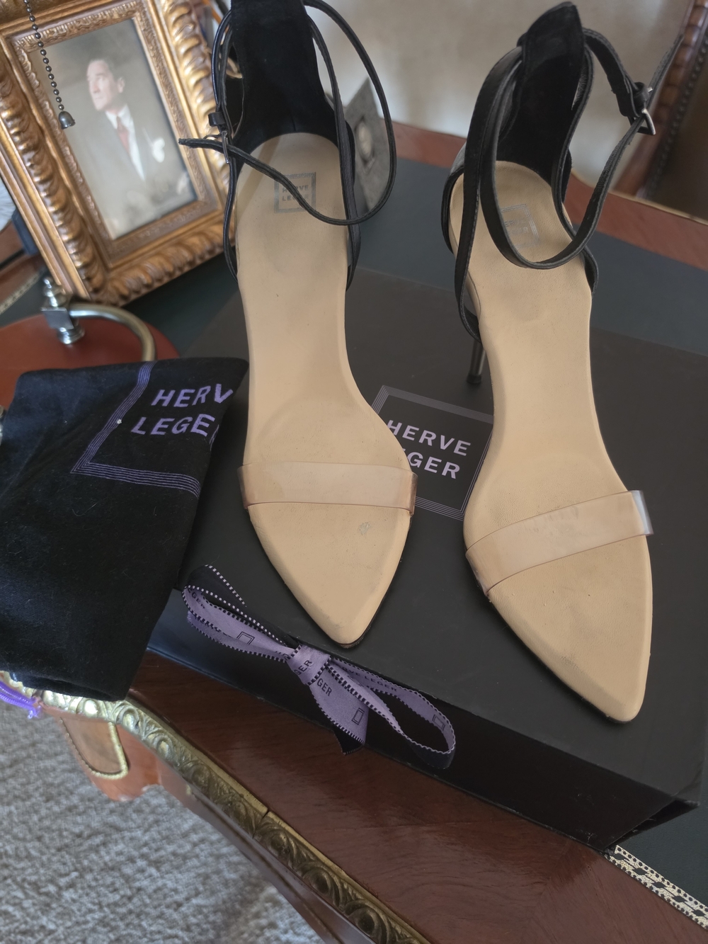 HERVE LEGER  Black Ankle-Strap Pointed-Toe Heels with Nude Toe